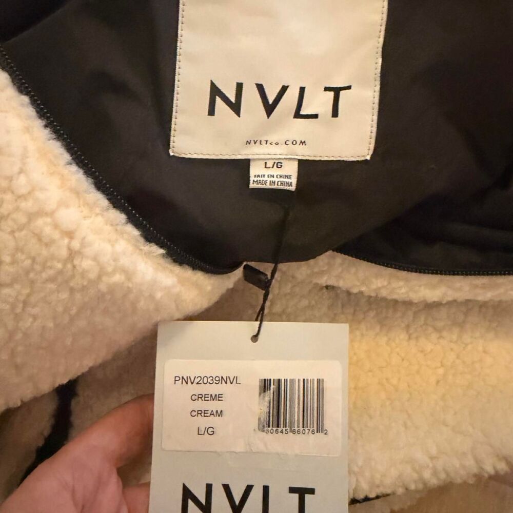 NWT NVLT Teddy Sherpa Coat Women’s Large Cream Black Faux Leather Long Jacket - Picture 5 of 6